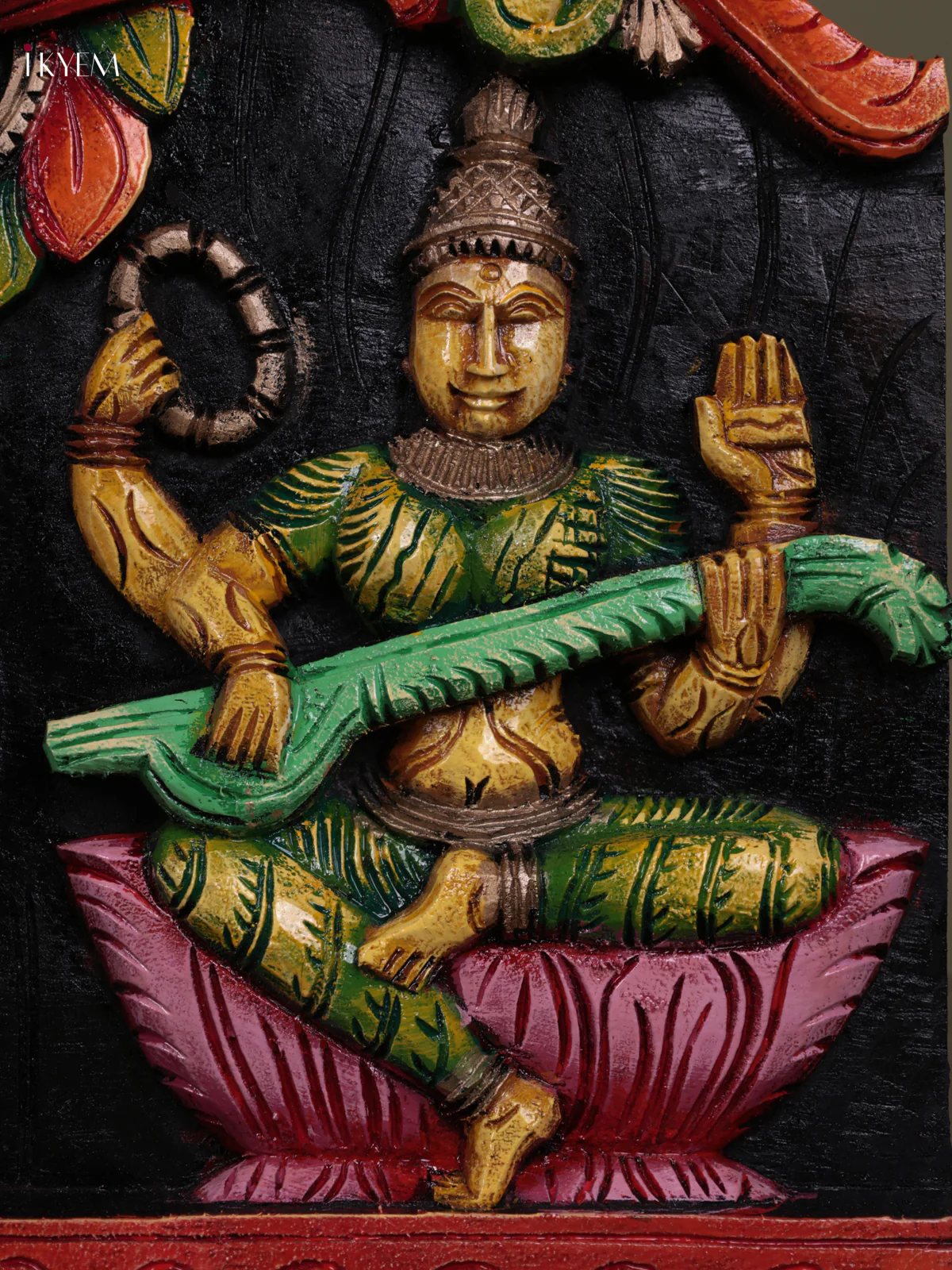 Wooden Hand Carved Painted - Gaja Lakshmi & Ganesha Panel - (12×36) - KEB23010 - Image 3