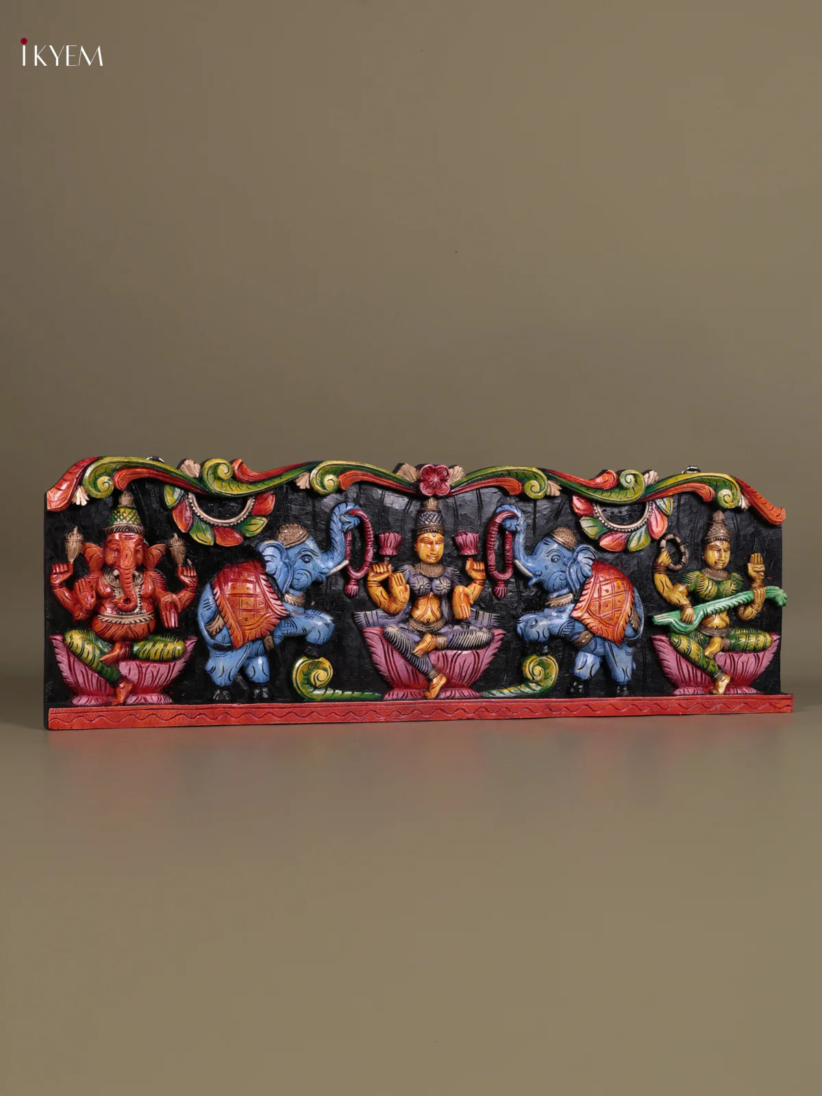 Wooden Hand Carved Painted - Gaja Lakshmi & Ganesha Panel - (12×36) - KEB23010 - Image 5
