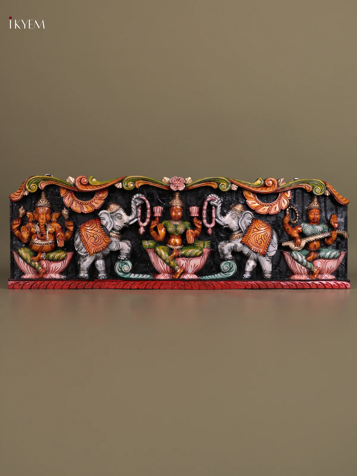 Wooden Hand Carved Painted - Gaja Lakshmi & Ganesha Panel - (12×36) - KEB23011