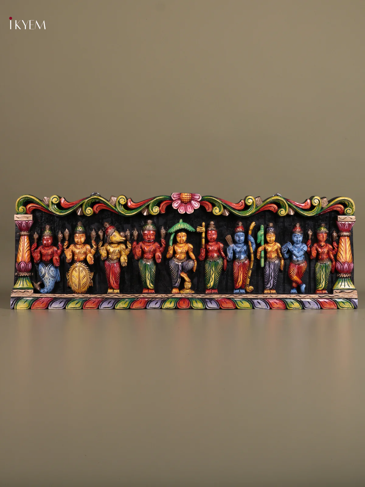 Wooden Hand Carved Painted - Dasavatharam Panel - (12×36)