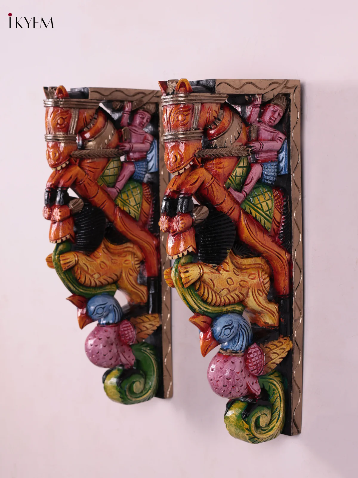 Wooden Hand Carved Painted - Horse & Yalli Wall Bracket - Set OF - 2