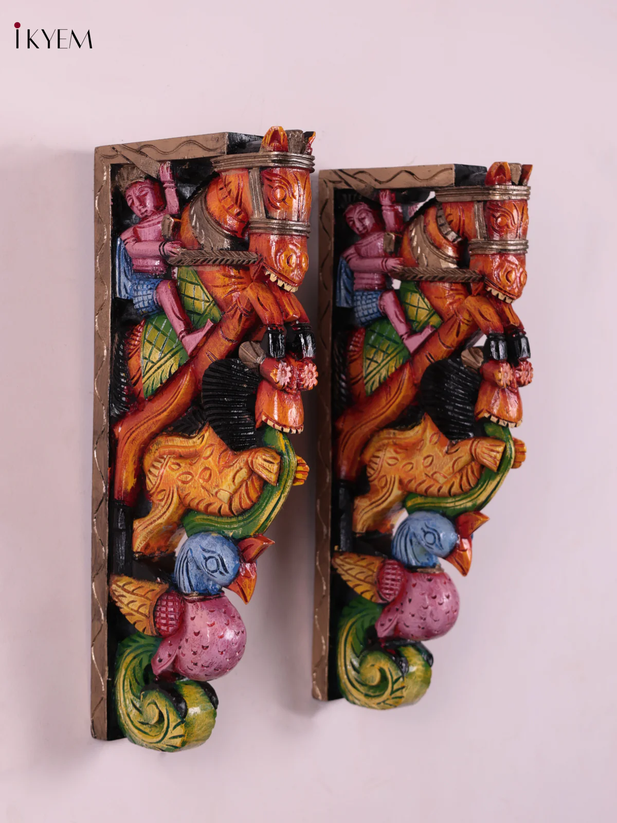 Wooden Hand Carved Painted - Horse & Yalli Wall Bracket - Set OF - 2 - Image 4
