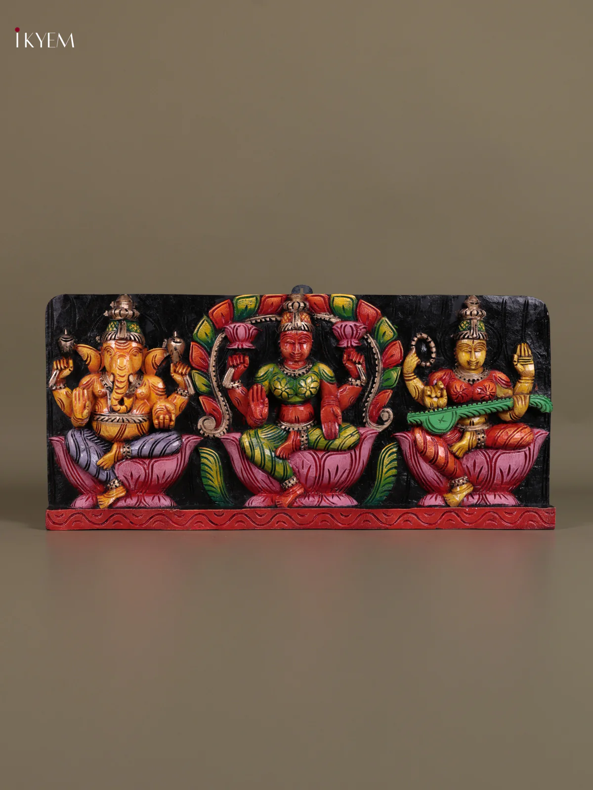Wooden Hand Carved Painted -Lakshmi/Ganesha/Saraswathi - (12×25) - KEB23022