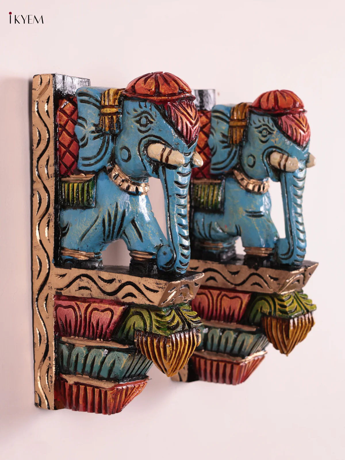 Wooden Hand Carved Painted - Elephant Wall Bracket Set OF - 2 - (12×6) - KEB27001