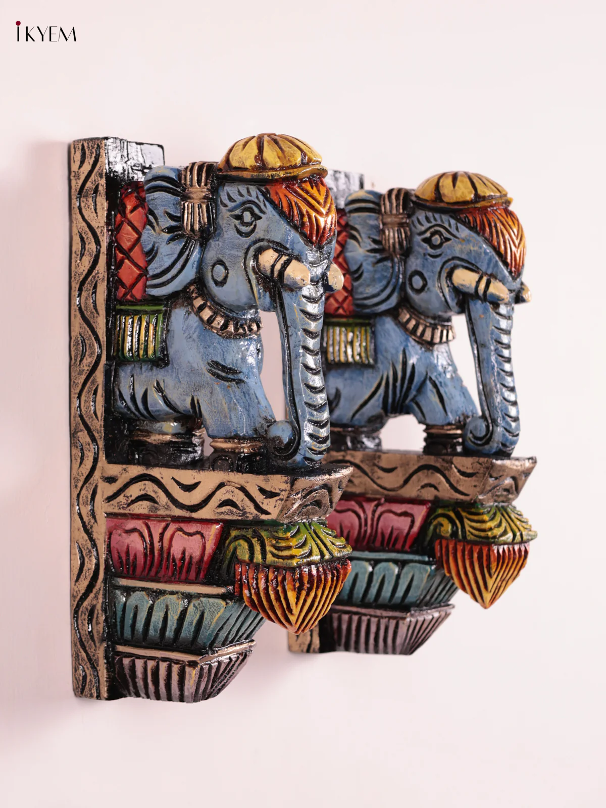 Wooden Hand Carved Painted - Elephant Wall Bracket Set OF - 2 - (12×6) - KEB27002