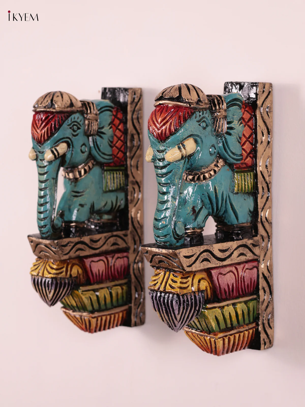 Wooden Hand Carved Painted - Elephant Wall Bracket Set OF - 2 - (12×6) - KEB27004