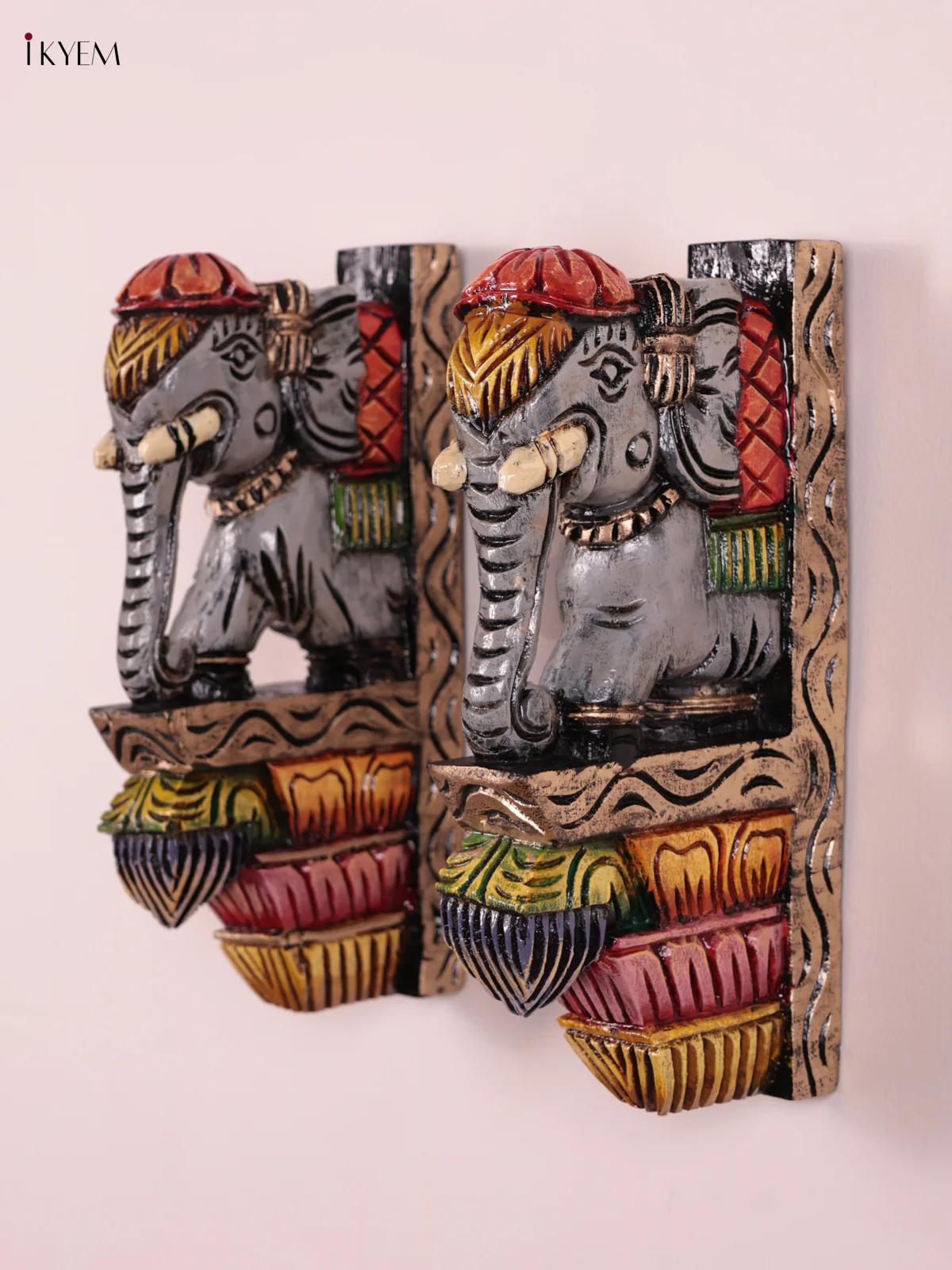Wooden Hand Carved Painted - Elephant Wall Bracket Set OF - 2 - (12×6) - KEB27005