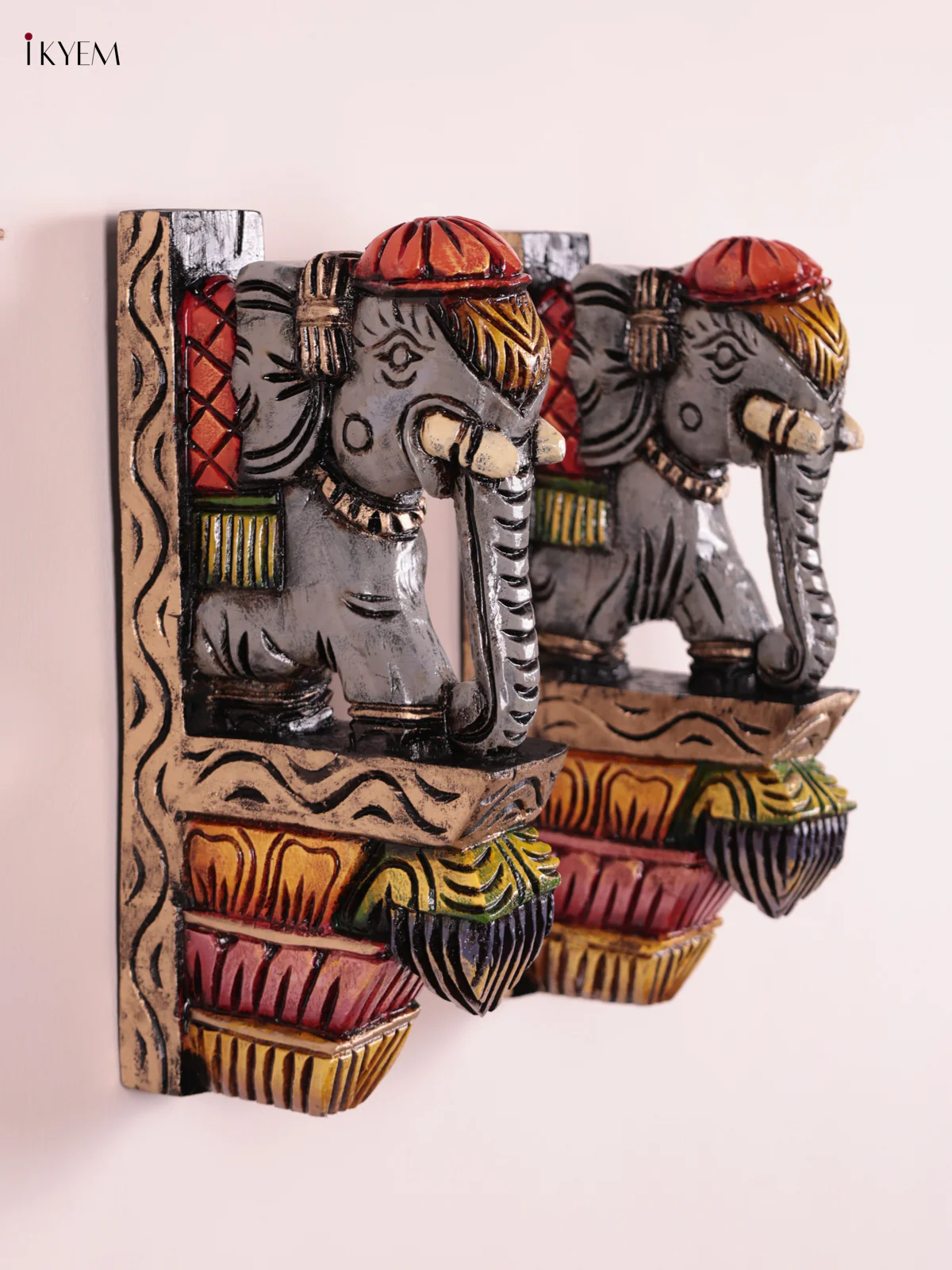 Wooden Hand Carved Painted - Elephant Wall Bracket Set OF - 2 - (12×6) - KEB27005 - Image 3
