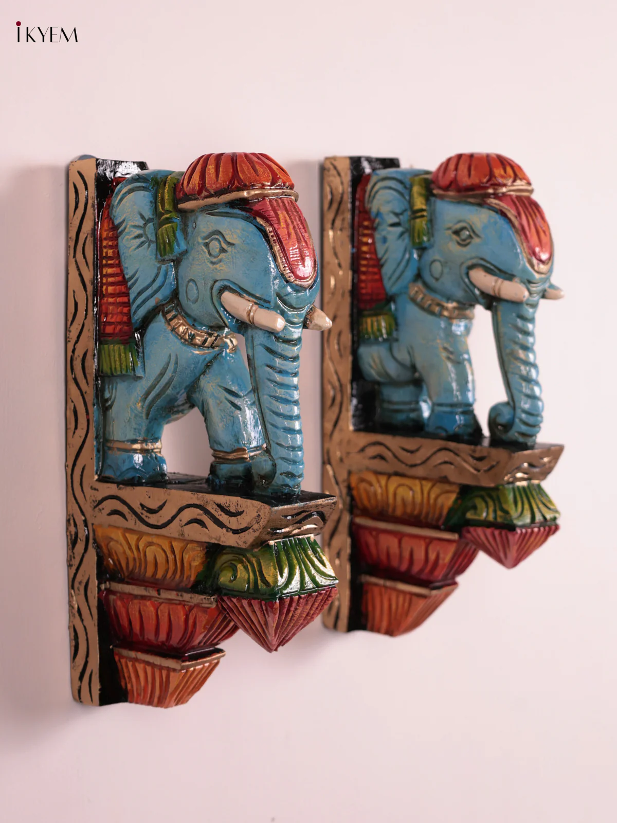 Wooden Hand Carved Painted - Elephant Wall Bracket Set OF - 2 - (12×6) - KEB27006