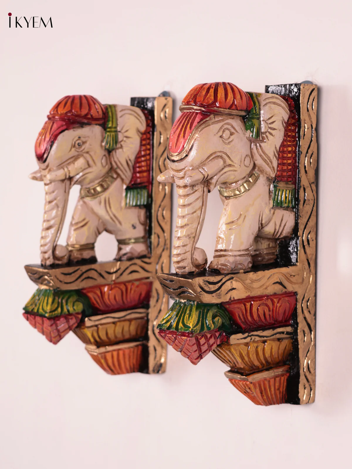 Wooden Hand Carved Painted - Elephant Wall Bracket Set OF - 2 - (12×6)