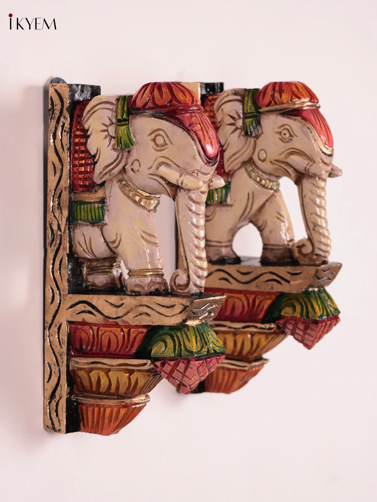 Wooden Hand Carved Painted - Elephant Wall Bracket Set OF - 2 - (12×6) - Image 3