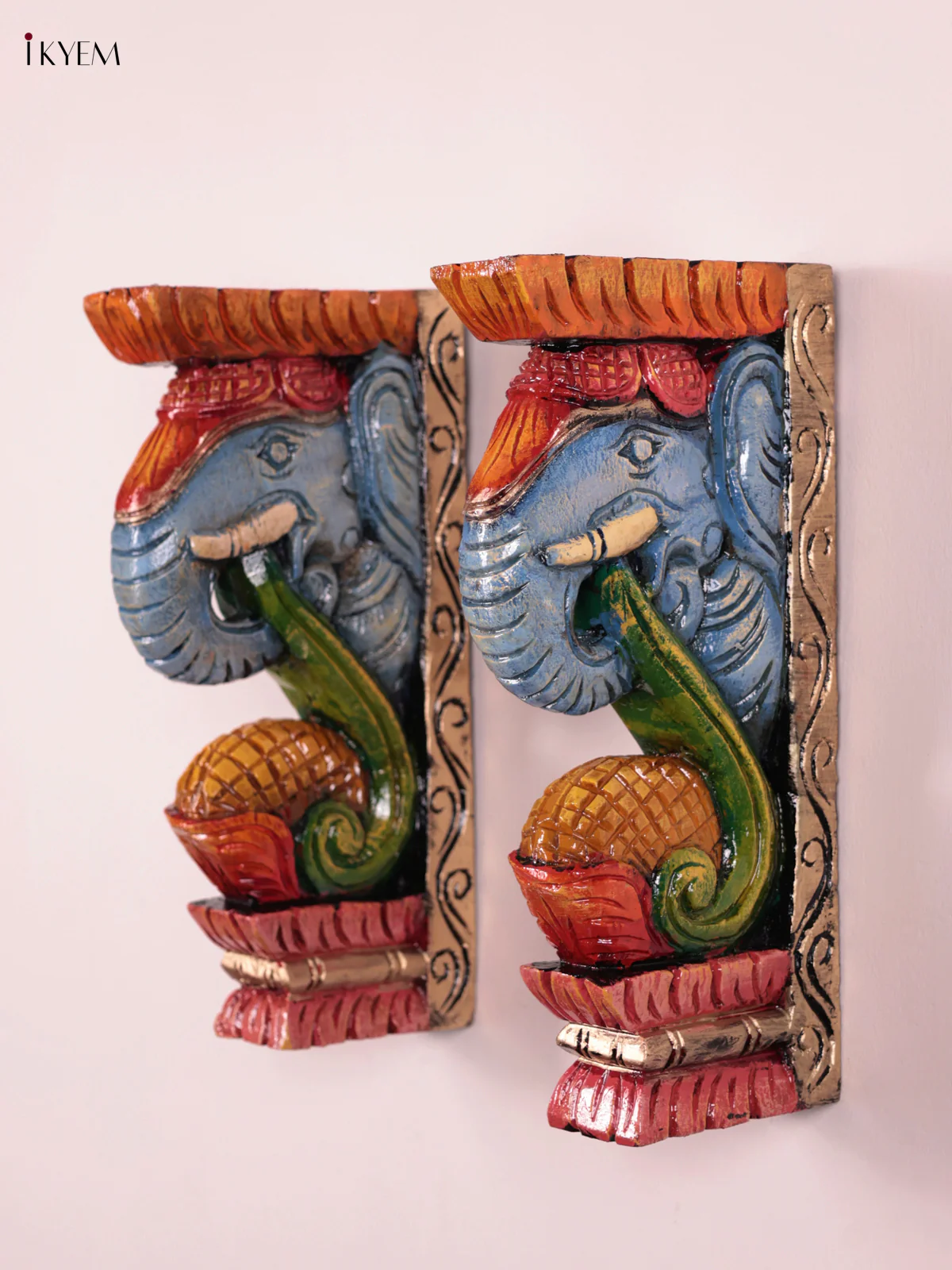 Wooden Hand Carved Painted - Elephant Head Wall Bracket Set OF - 2 - (12×6) - KEB27009
