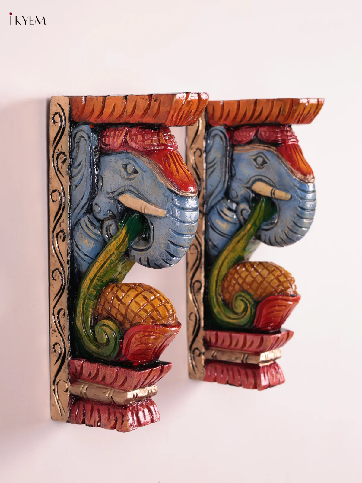 Wooden Hand Carved Painted - Elephant Head Wall Bracket Set OF - 2 - (12×6) - KEB27009 - Image 3