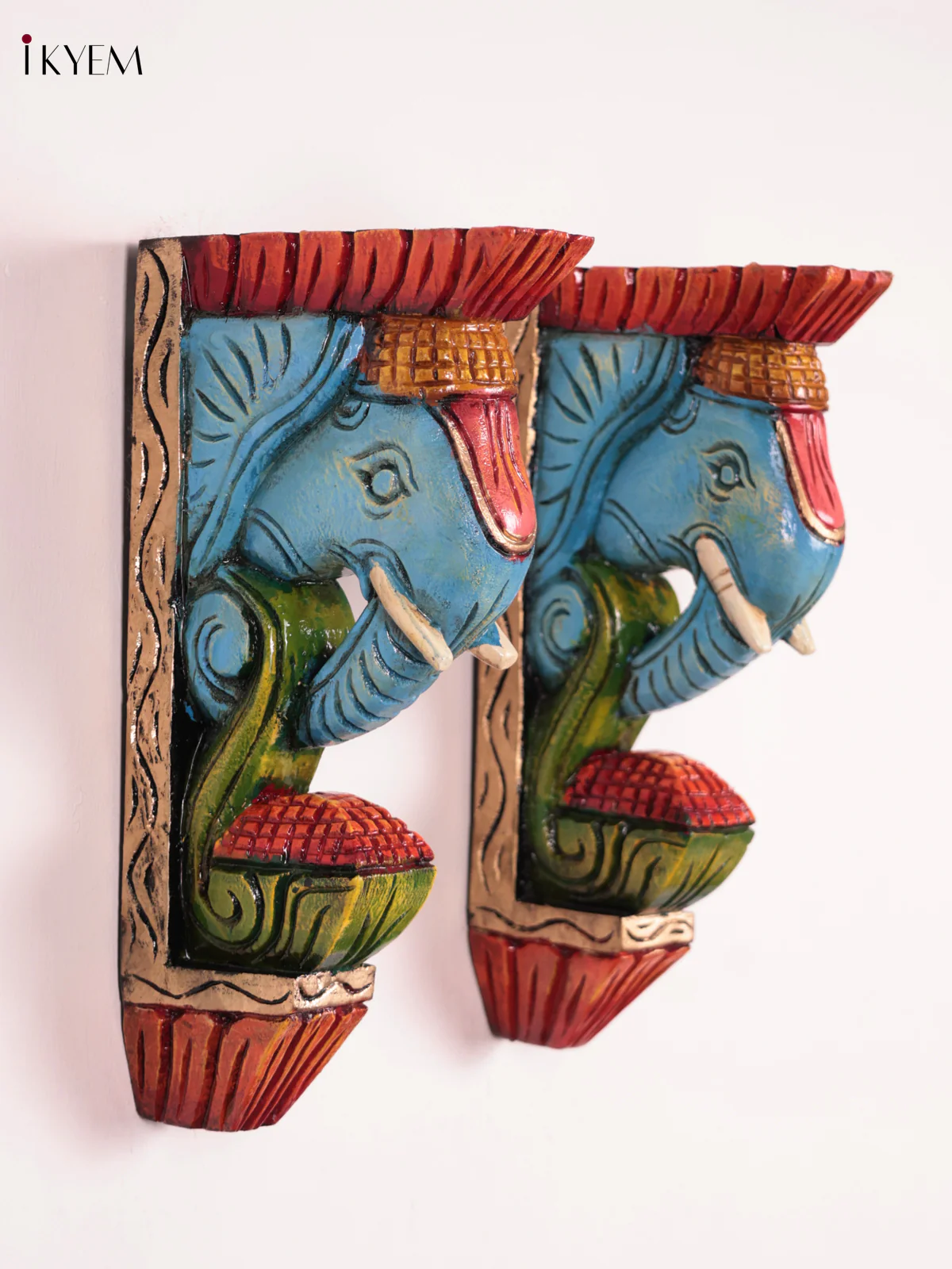 Wooden Hand Carved Painted - Elephant Head Wall Bracket Set OF - 2 - (12×6)