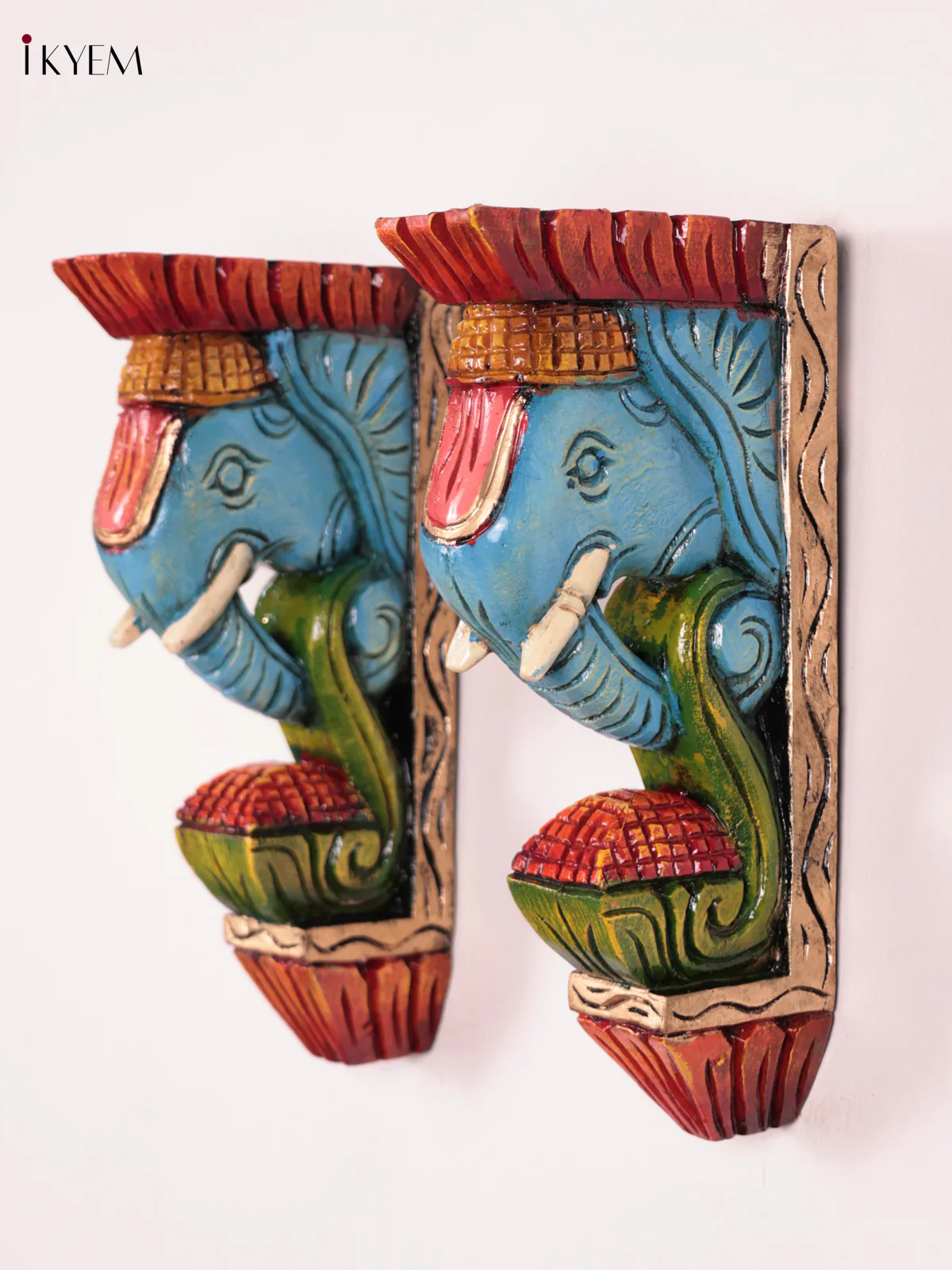 Wooden Hand Carved Painted - Elephant Head Wall Bracket Set OF - 2 - (12×6) - Image 2