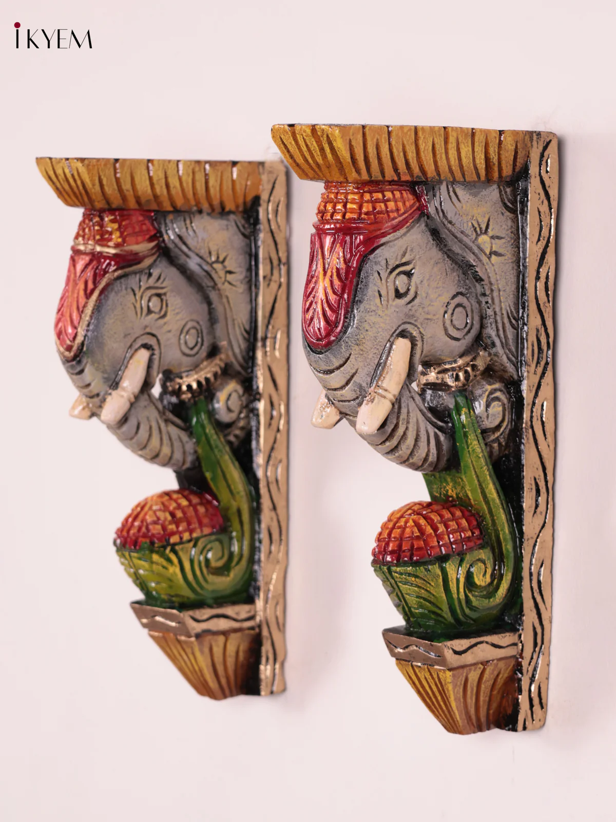 Wooden Hand Carved Painted - Elephant Head Wall Bracket Set OF - 2 - (12×6) - Image 3