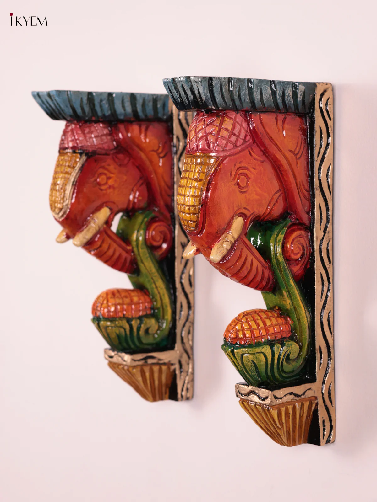 Wooden Hand Carved Painted - Elephant Head Wall Bracket Set OF - 2 - (12×6) - KEB27015