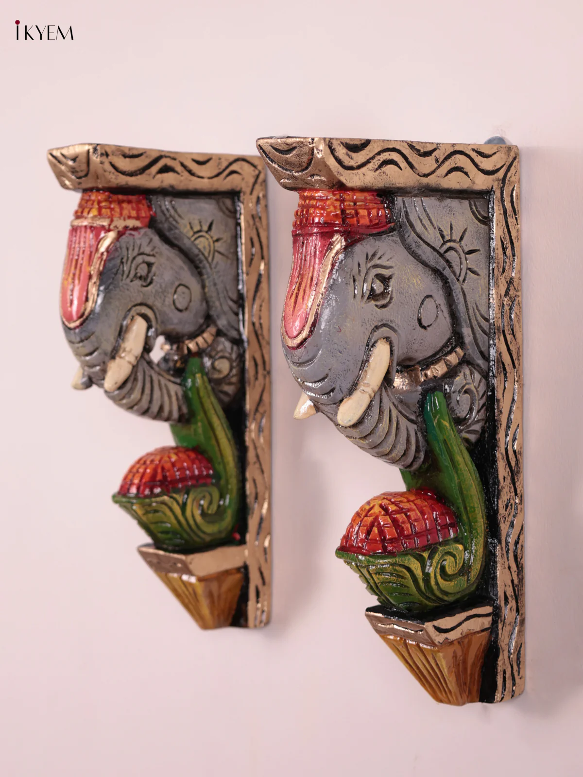 Wooden Hand Carved Painted - Elephant Head Wall Bracket Set OF - 2 - (12×6) - KEB27016