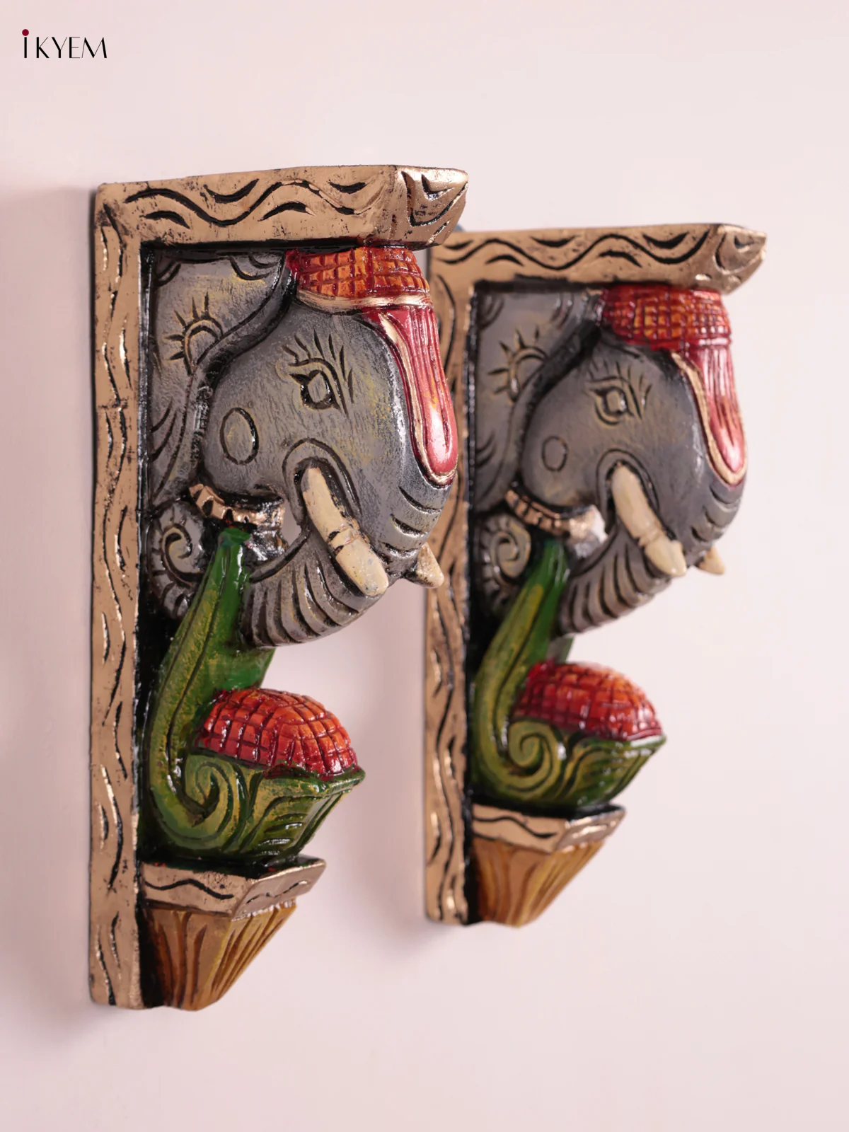 Wooden Hand Carved Painted - Elephant Head Wall Bracket Set OF - 2 - (12×6) - KEB27016 - Image 3