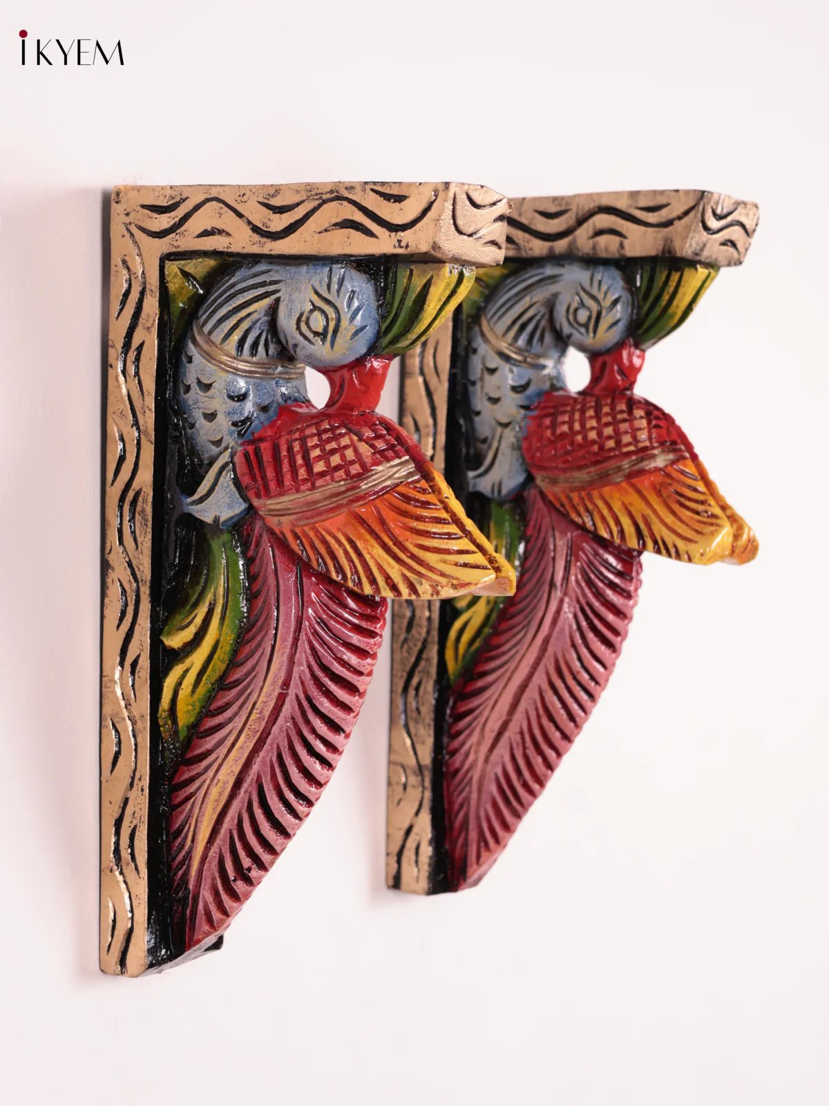 Wooden Hand Carved Painted - Parrot Wall Bracket Set OF - 2 (12×6)