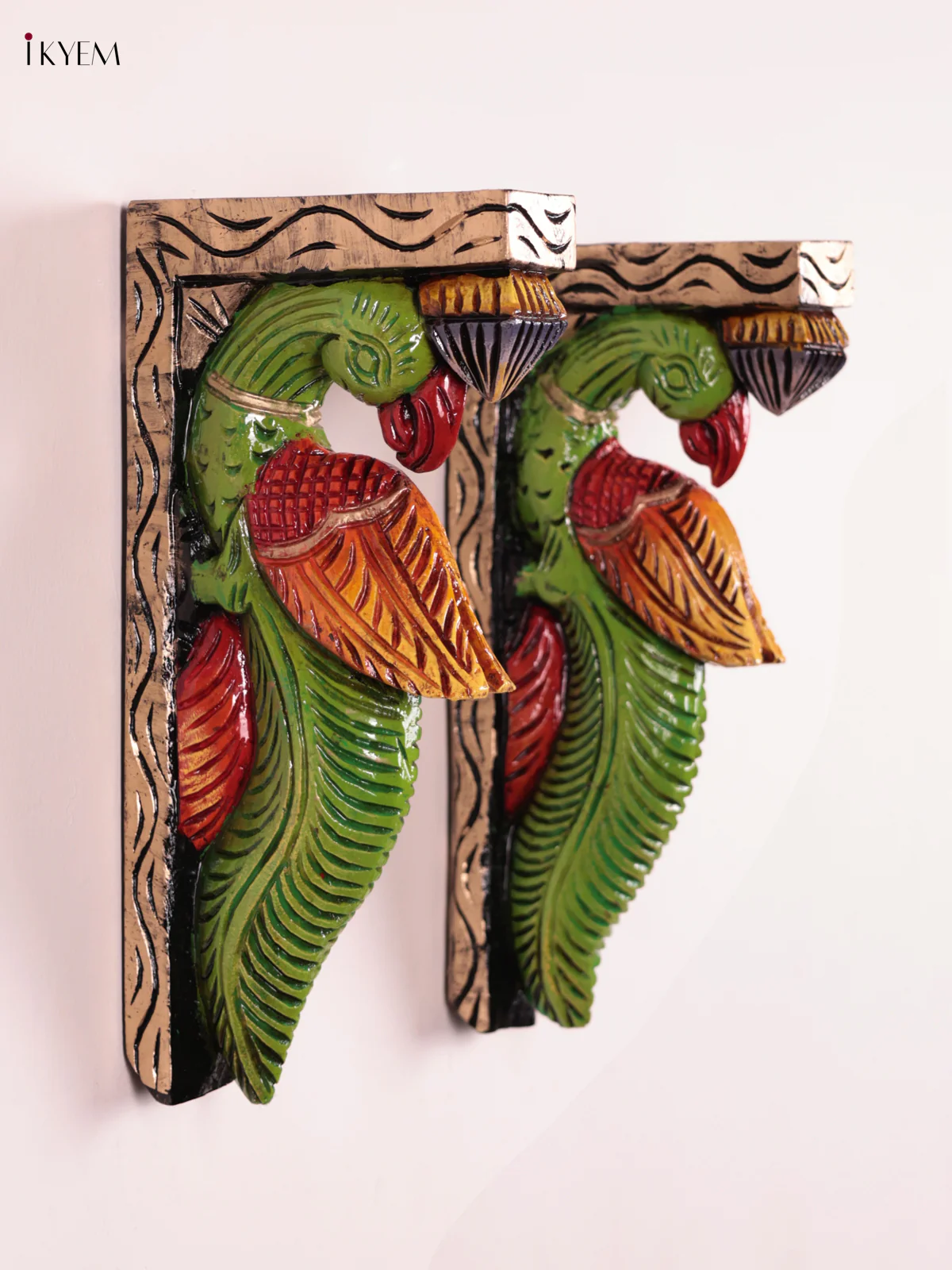 Wooden Hand Carved Painted - Parrot Wall Bracket Set OF - 2 (12×6) - KEB27034