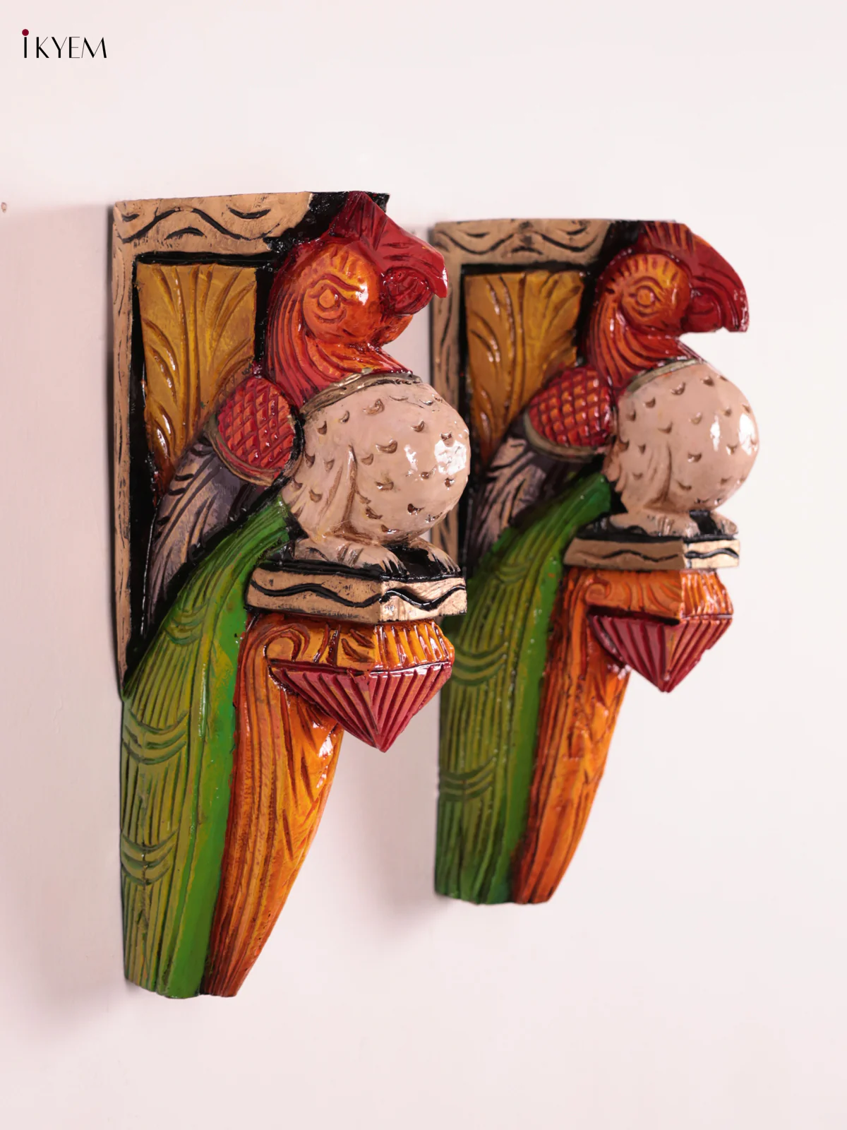 Wooden Hand Carved Painted - Parrot Wall Bracket Set OF - 2 (12×6) - KEB27036