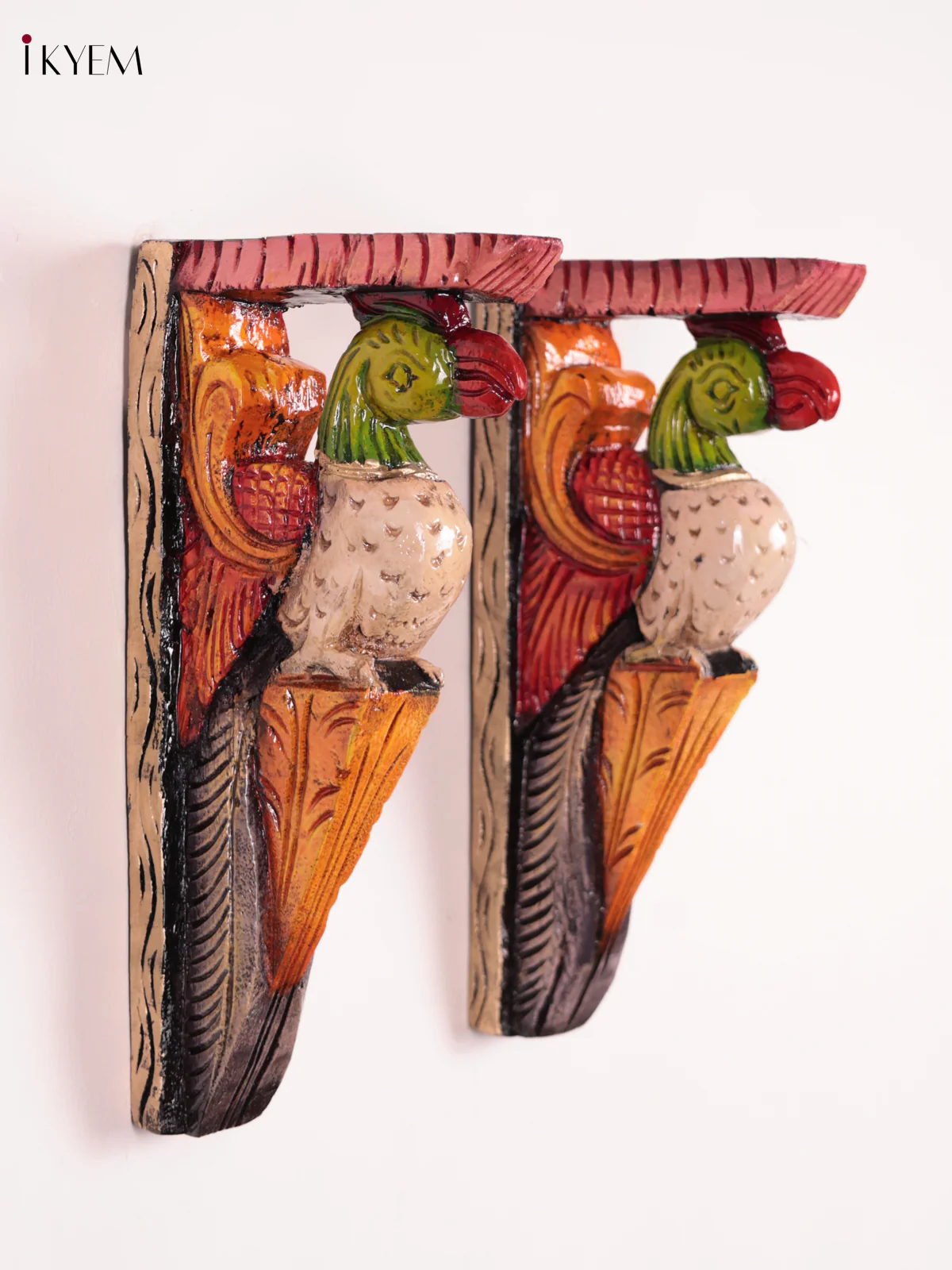 Wooden Hand Carved Painted - Parrot Wall Bracket Set OF - 2 (12×6)