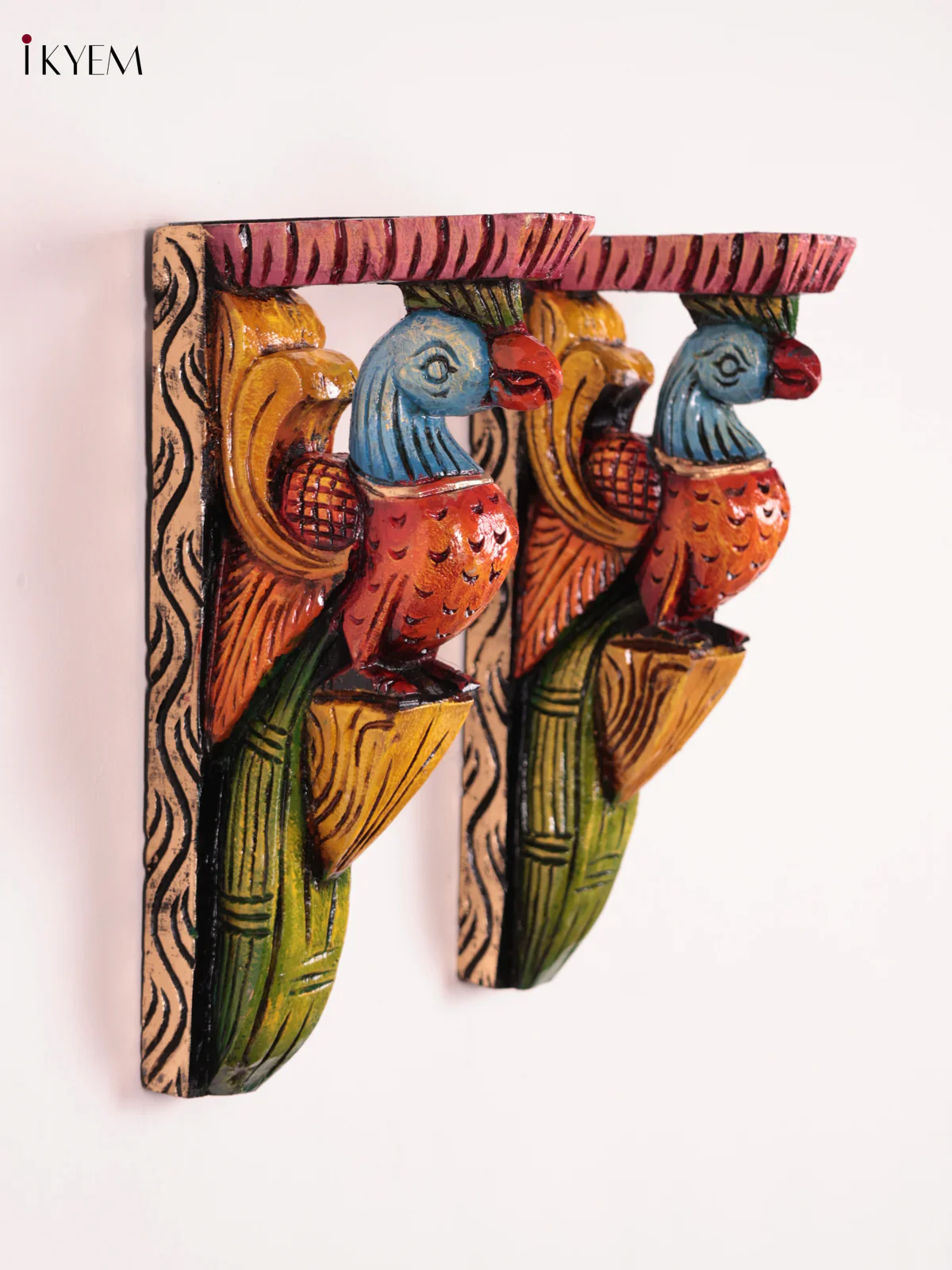 Wooden Hand Carved Painted - Parrot Wall Bracket Set OF - 2 (12×6)