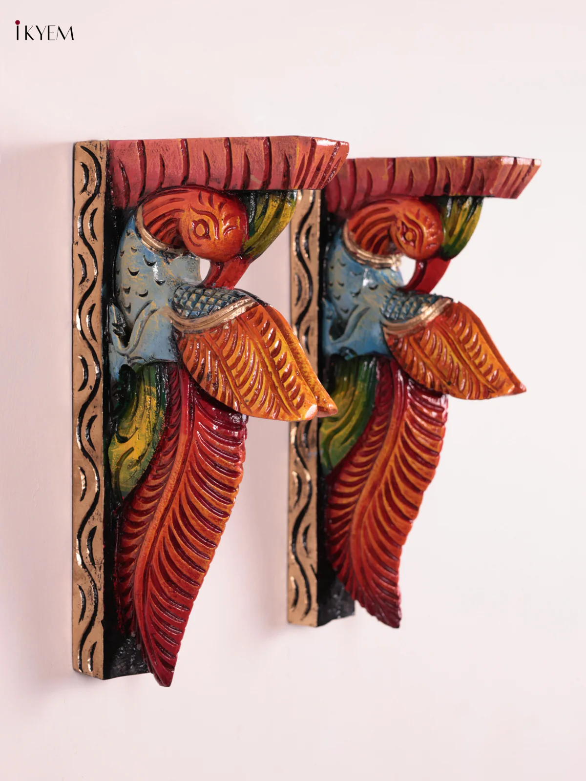 Wooden Hand Carved Painted - Parrot Wall Bracket Set OF - 2 (12×6) - KEB27044