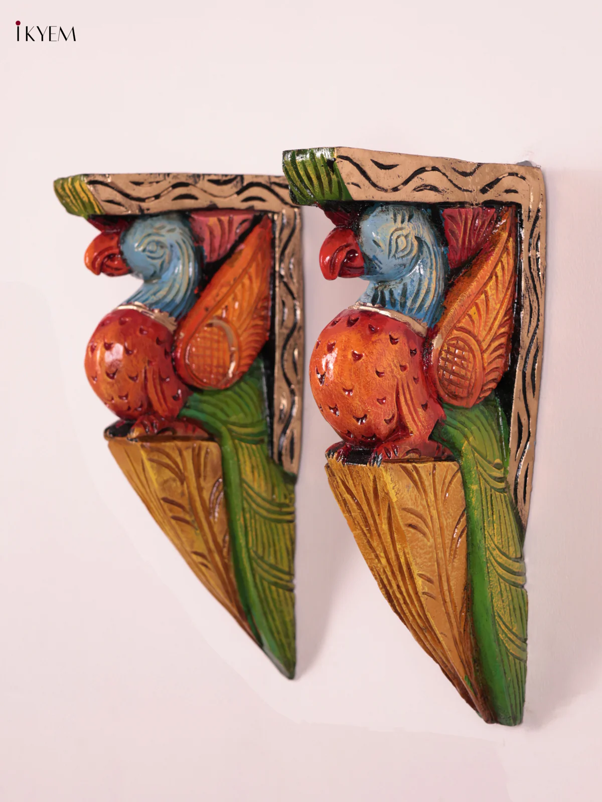 Wooden Hand Carved Painted - Parrot Wall Bracket Set OF - 2 (12×6) - KEB27045