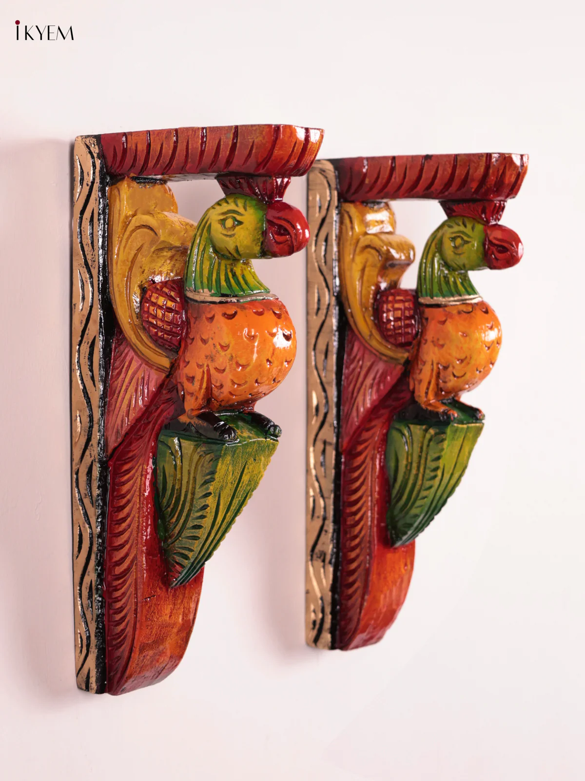 Wooden Hand Carved Painted - Parrot Wall Bracket Set OF - 2 (12×6) - KEB27046