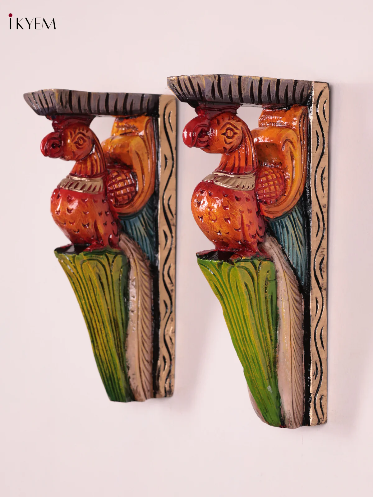 Wooden Hand Carved Painted - Parrot Wall Bracket Set OF - 2 (12×6)