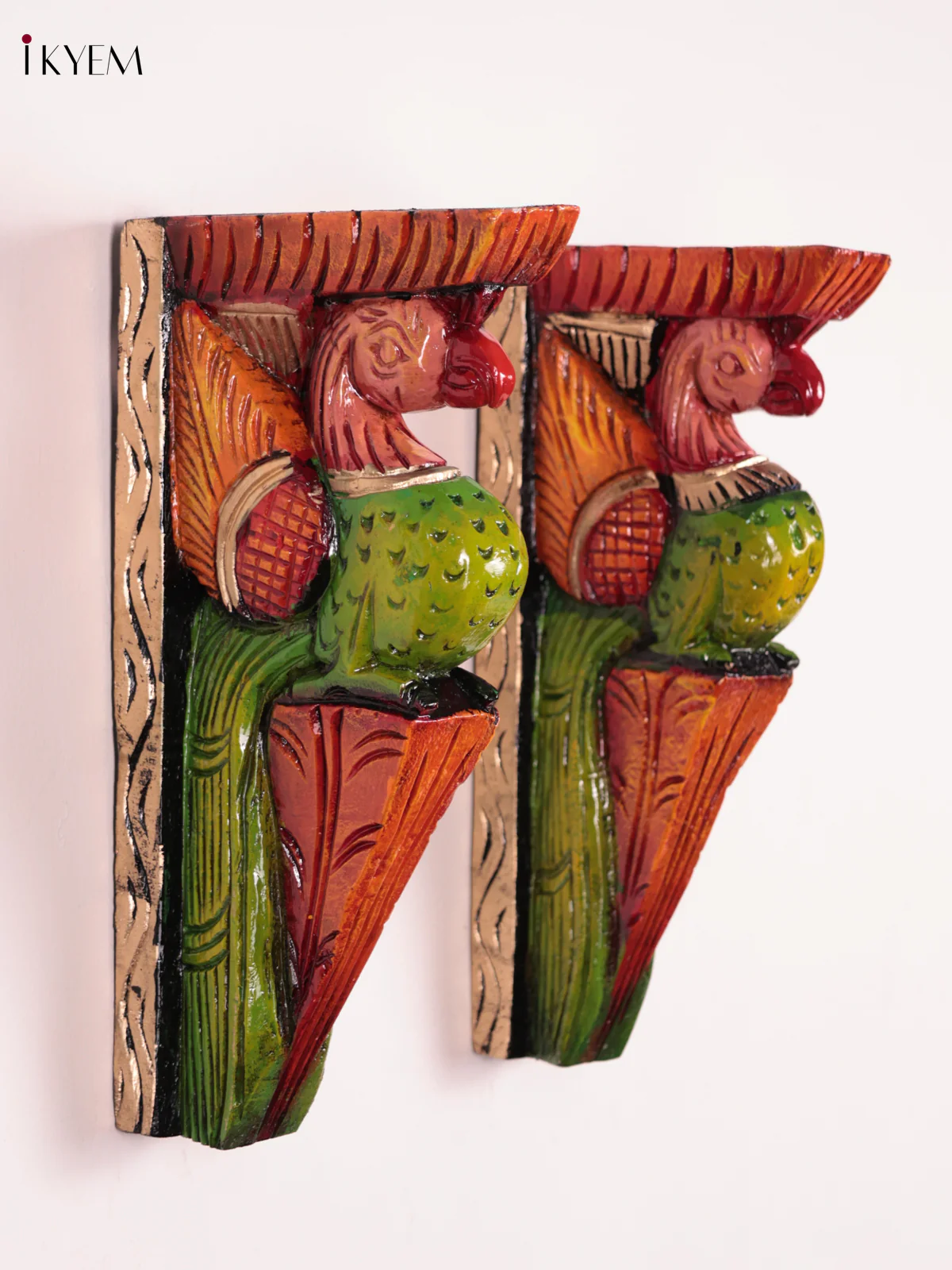 Wooden Hand Carved Painted - Parrot Wall Bracket Set OF - 2 (12×6)