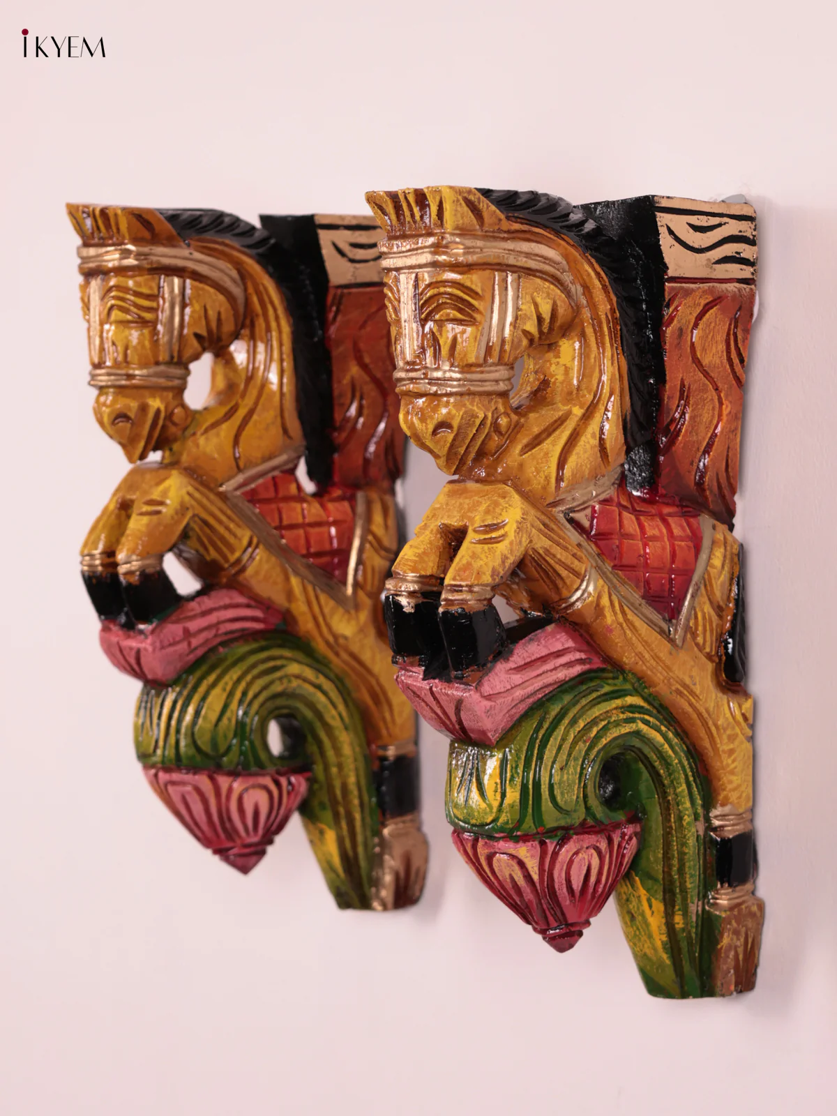 Wooden Hand Carved Painted - Horse Wall Bracket - Set OF 2 - (12×6) - KEB27071