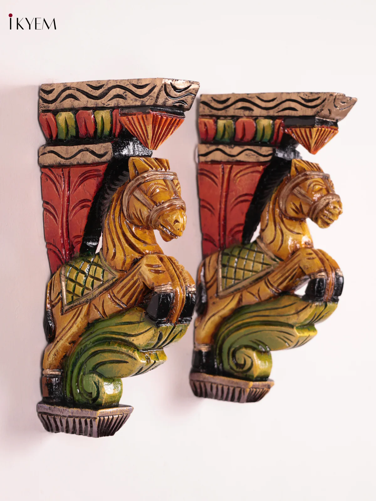 Wooden Hand Carved Painted - Horse Wall Bracket - Set OF 2 - (12×6)