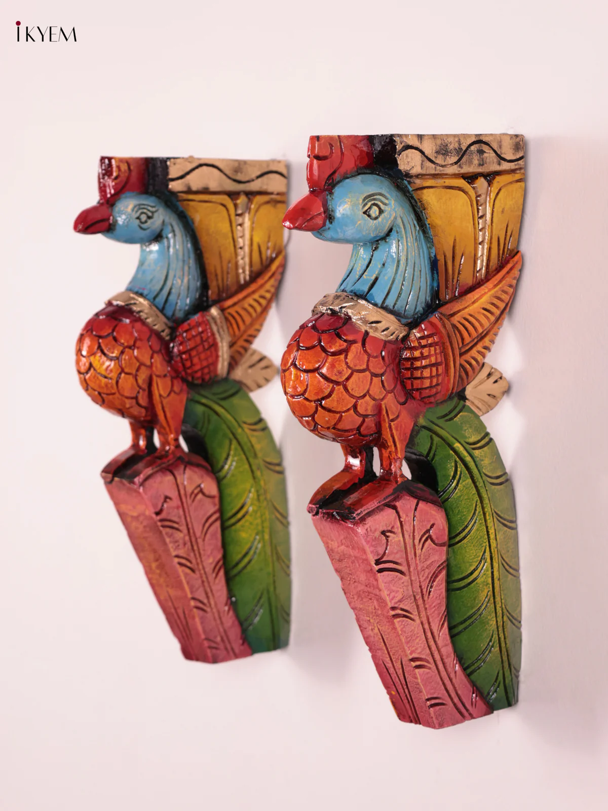 Wooden Hand Carved Painted - Peacock Wall Bracket - Set OF 2 - (12×6) - KEB27076