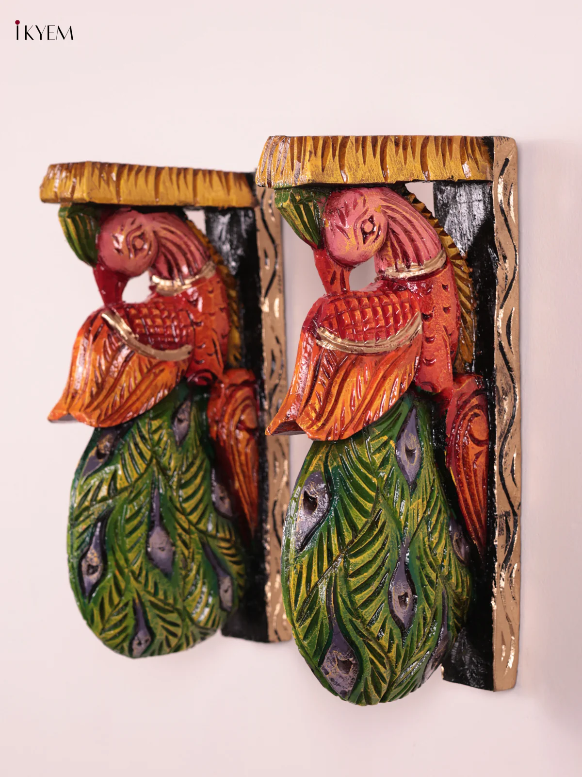 Wooden Hand Carved Painted - Peacock Wall Bracket - Set OF 2 - (12×6) - KEB27077 - Image 3