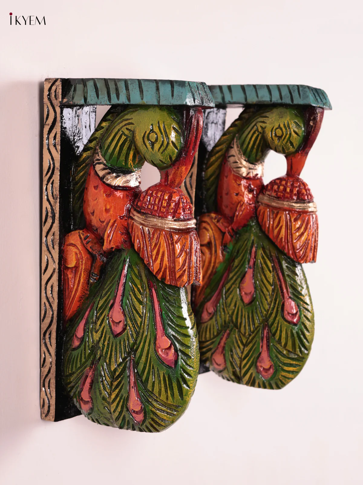 Wooden Hand Carved Painted - Peacock Wall Bracket - Set OF 2 - (12×6) - KEB27079 - Image 3