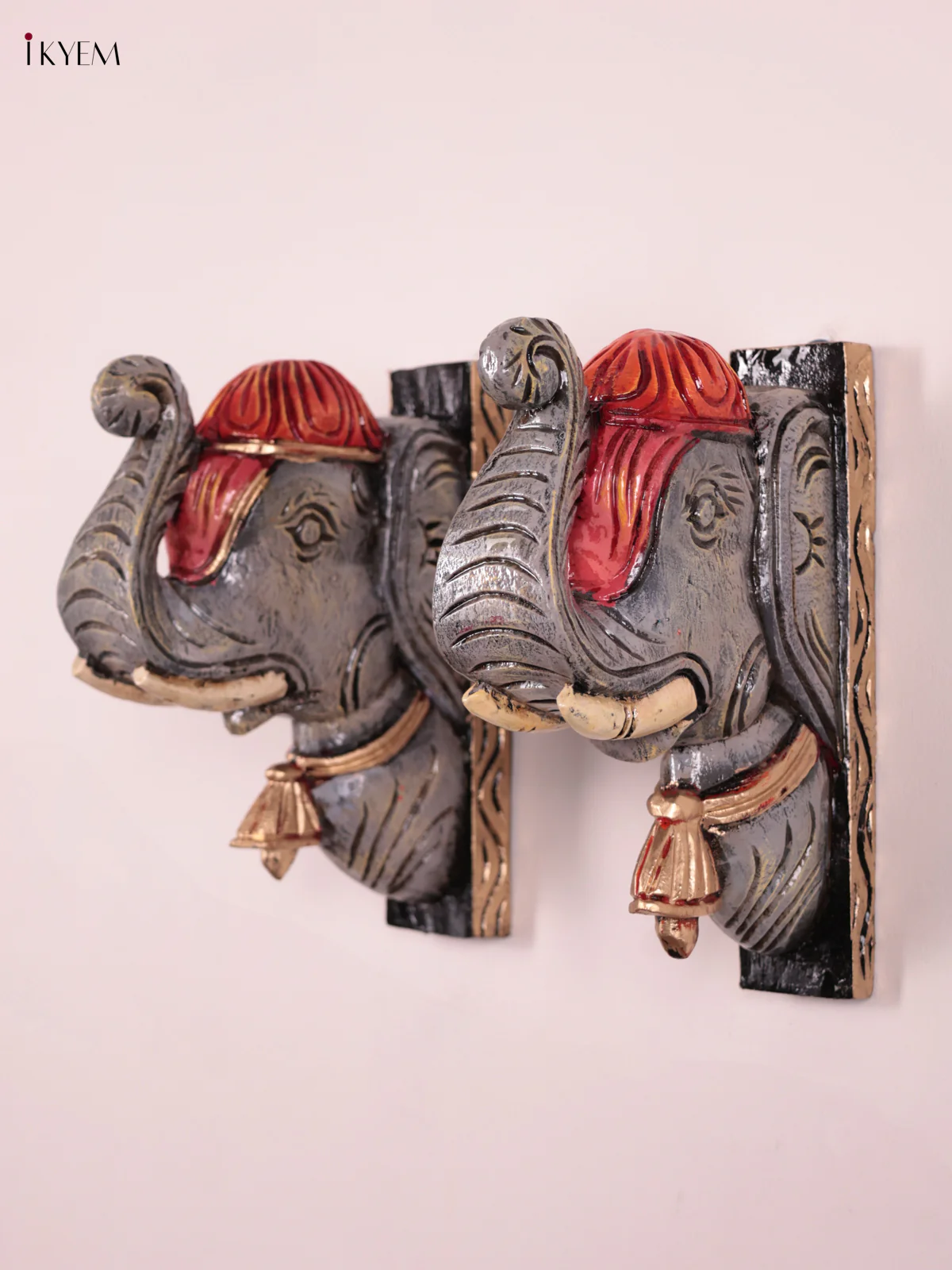 Wooden Hand Carved Painted - Elephant Head Wall Bracket Set OF - 2 - (10×8) - KEB27098