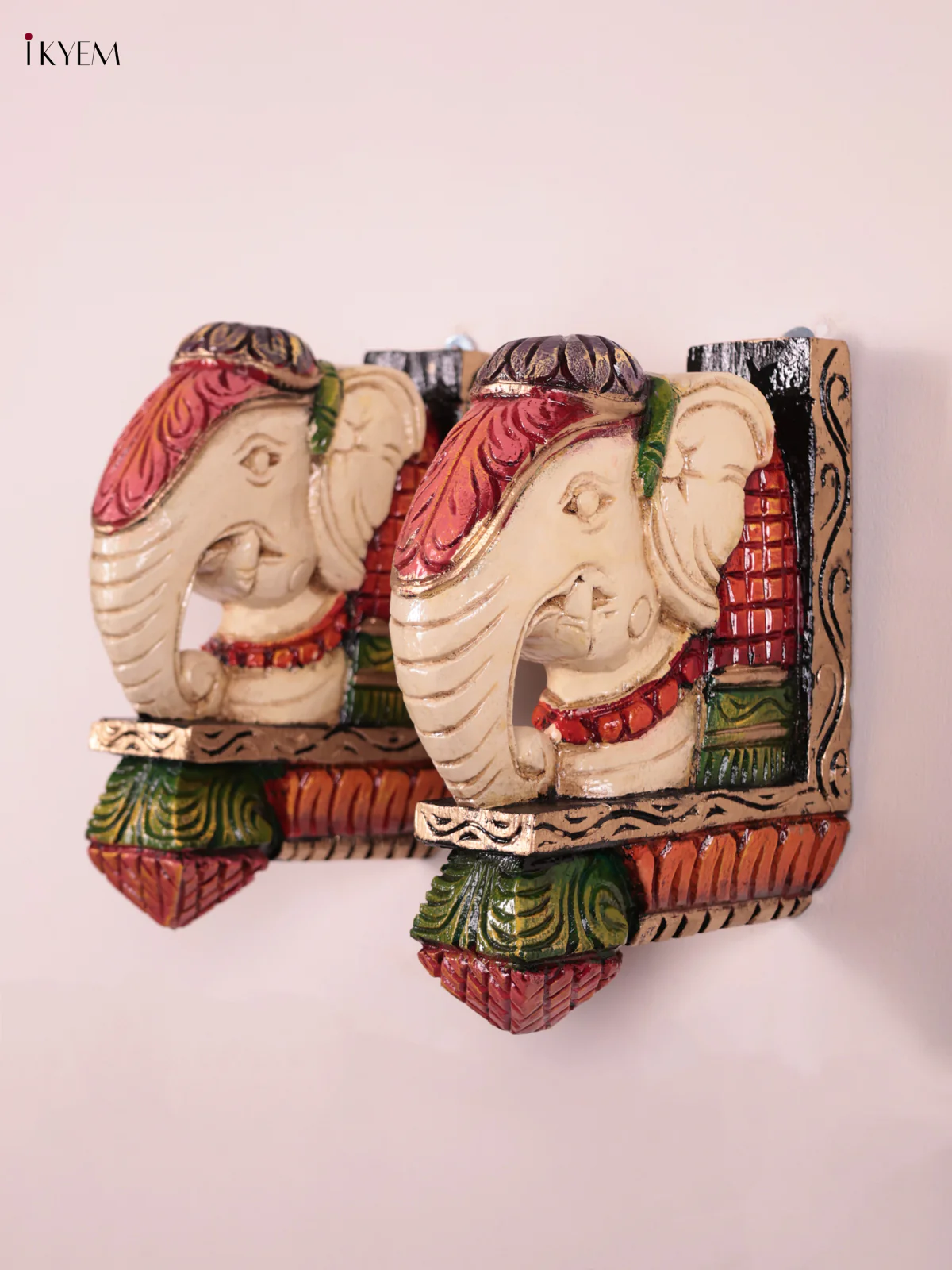 Wooden Hand Carved Painted - Elephant Head Wall Bracket Set OF - 2 - (10×8) - KEB27099