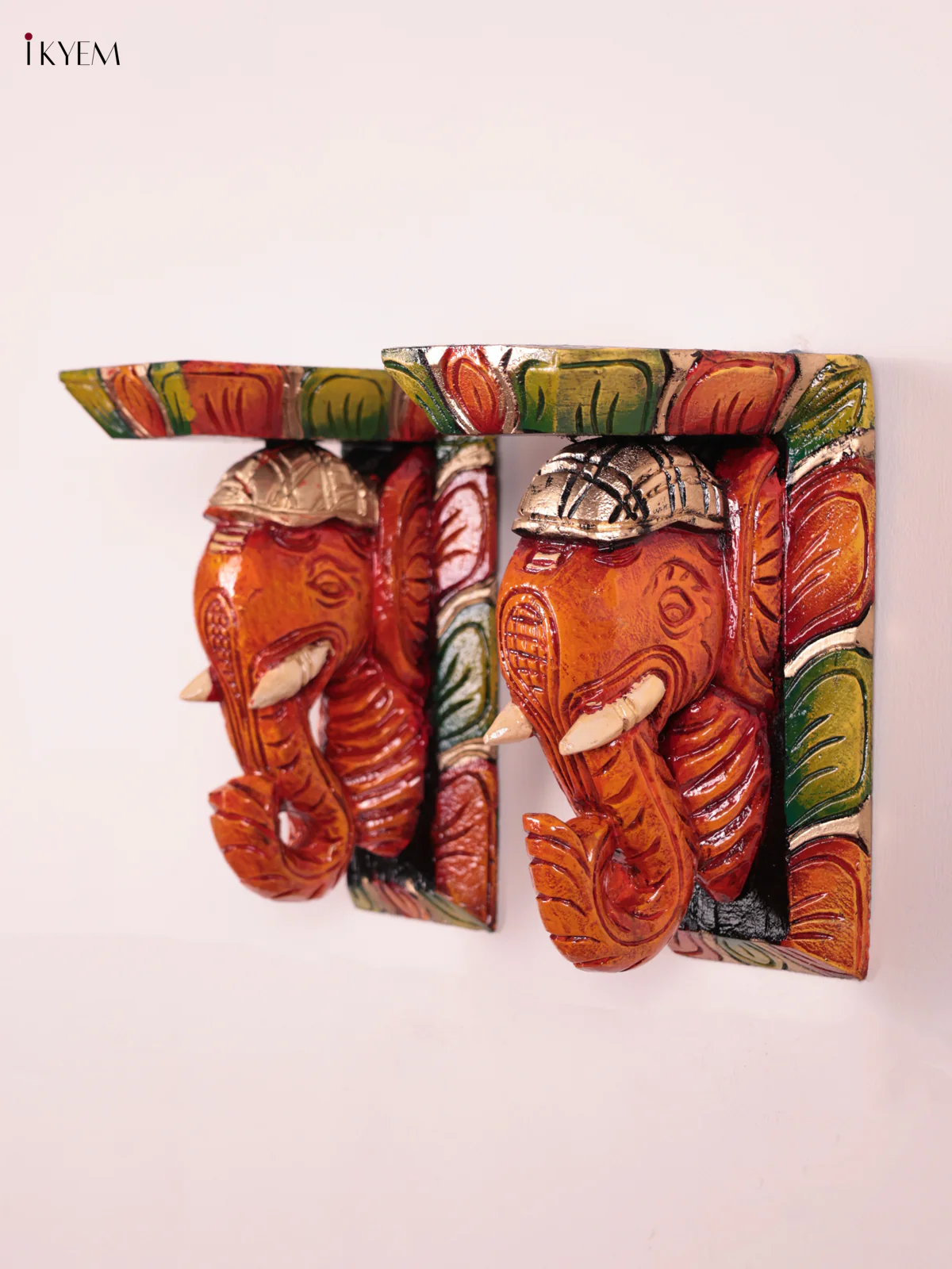 Wooden Hand Carved Painted - Elephant Head Wall Bracket Set OF - 2 - (10×6) - KEB27100