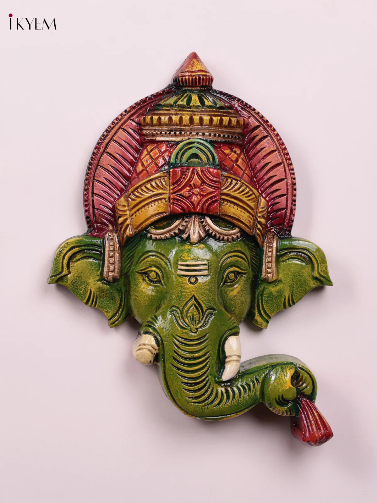 Wooden Hand Carved Painted - Ganesha Face Wall Panel - (12×10) - KEB27117