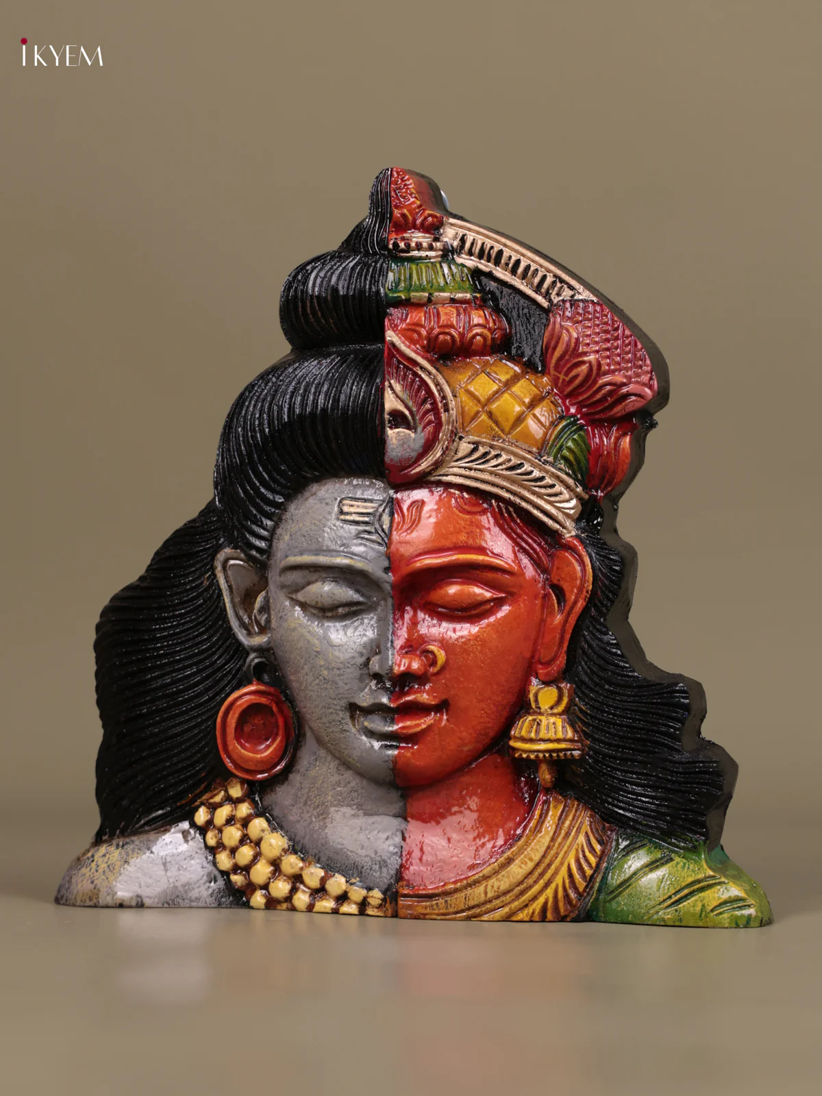 Wooden Hand Carved Painted - Ardhanareeswara Face Wall Panel - (10×10) - KEB27119 - Image 3