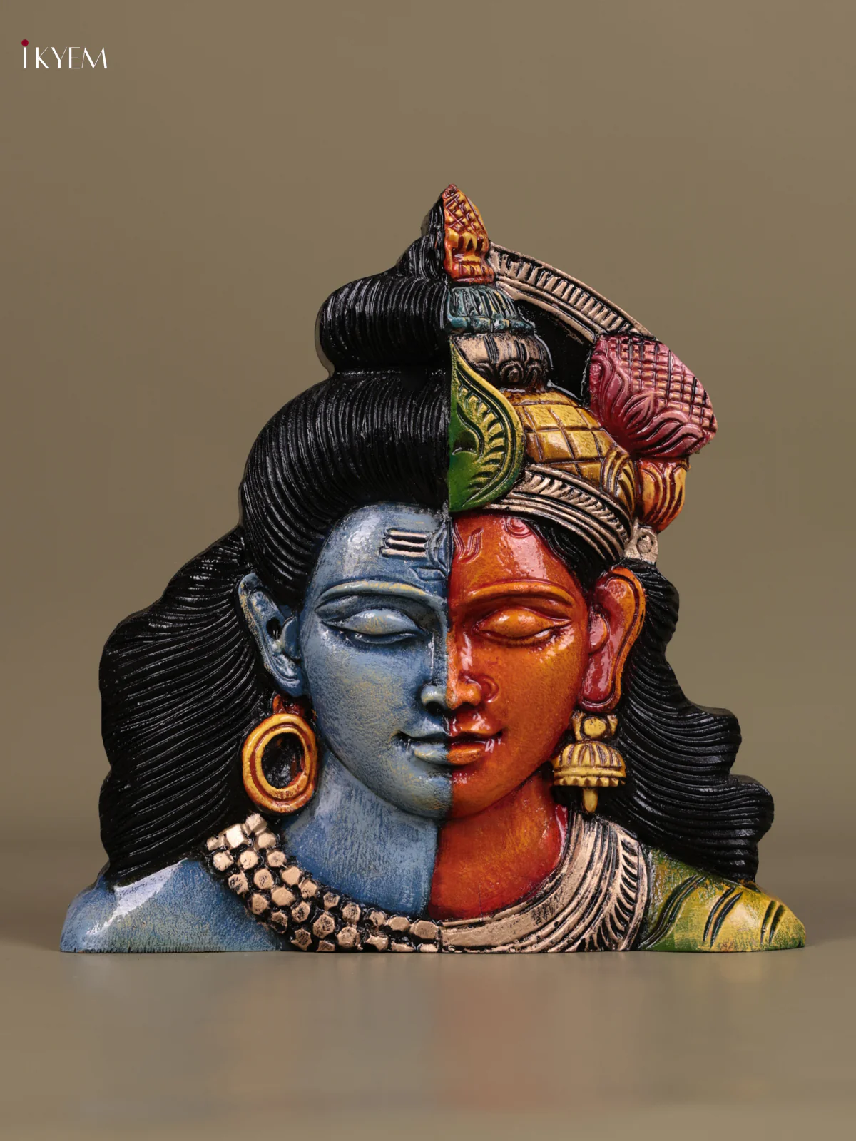 Wooden Hand Carved Painted - Ardhanareeswara Face Wall Panel - (10×10) - KEB27120