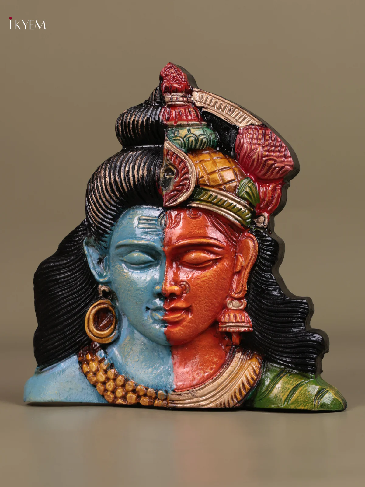 Wooden Hand Carved Painted - Ardhanareeswara Face Wall Panel - (10×10) - KEB27121 - Image 3