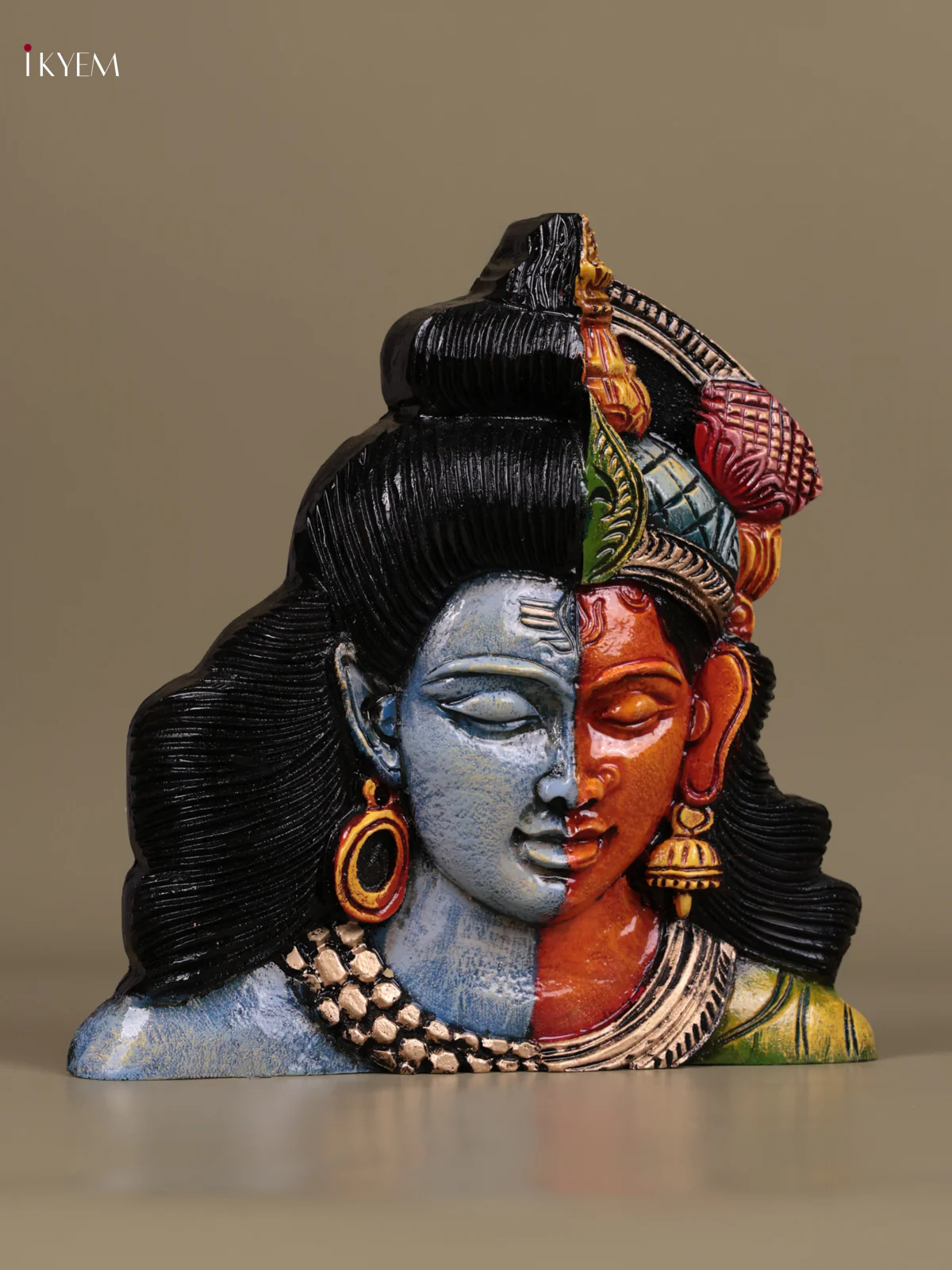 Wooden Hand Carved Painted - Ardhanareeswara Face Wall Panel - (10×10) - KEB27122 - Image 2