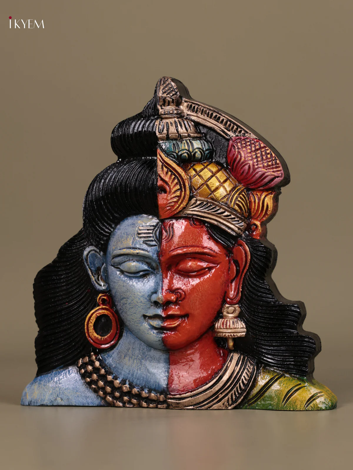 Wooden Hand Carved Painted - Ardhanareeswara Face Wall Panel - (10×10) - KEB27123 - Image 3