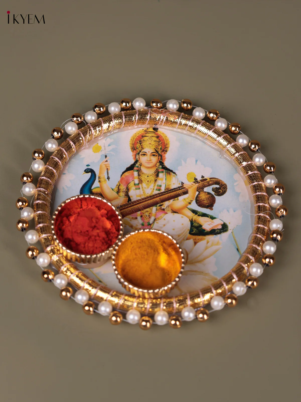 Saraswathi Printed Plate With Haldi kumkum holder - 4.5 Inch