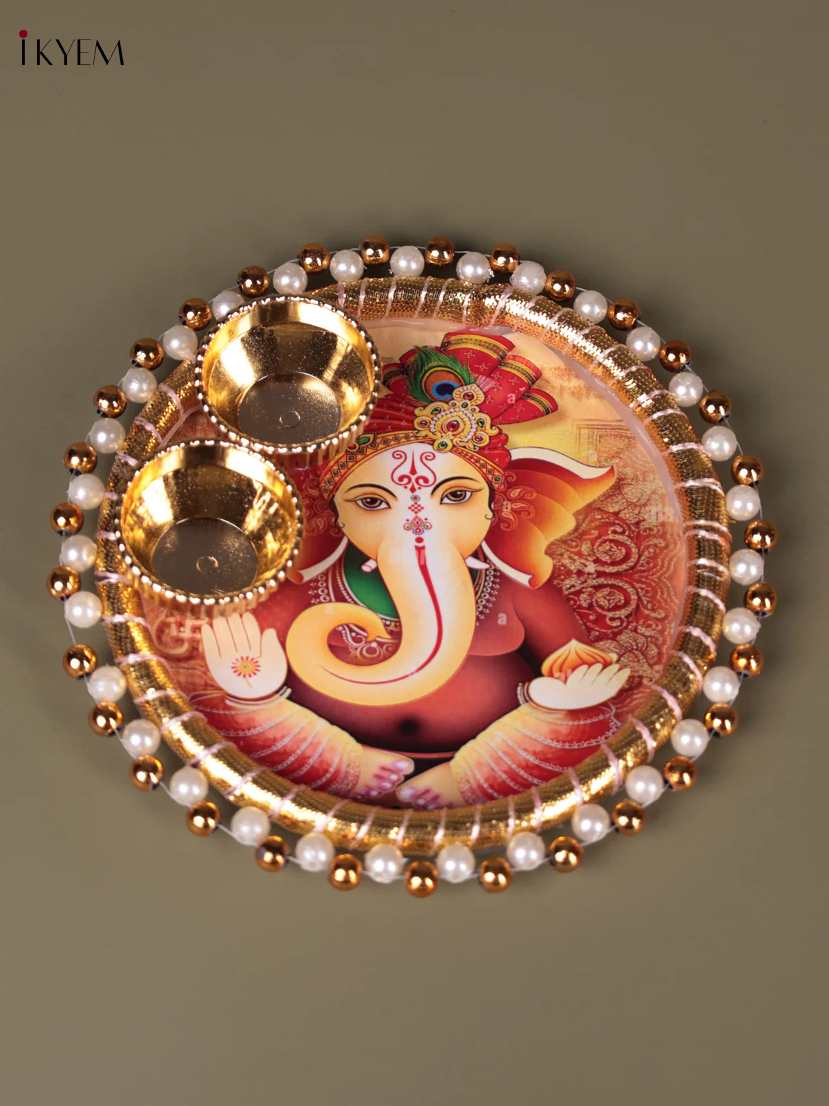 Ganesha Printed Plate With Haldi kumkum holder - 4.5 Inch