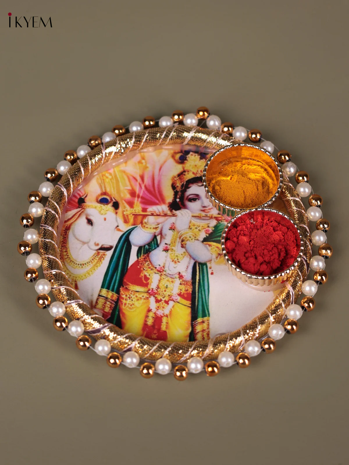 Cow with Krishan Printed Plate With Haldi kumkum holder - 4.5 Inch